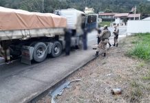 Polícia Militar faz vistoria em caminhão, em Jaraguá do Sul