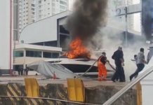 VÍDEO – Lancha pega fogo na marina em Balneário Camboriú