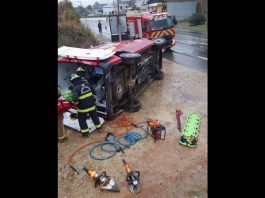 Dois bombeiros ficam feridos após ambulância tombar a caminho de acidente em Santa Catarina