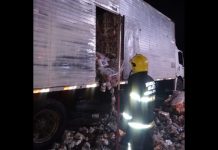 Incêndio atinge caminhão carregado com fardos de guardanapo e papel higiênico no Planalto Norte