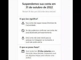 Reprodução do aviso que aparece para contas do Instagram suspensa