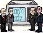 Charge com candidatos a presidente e governador de Santa Catarina no segundo turno das eleições, da esquerda para direita, Lula, Décio Lima, Jorginho Mello e Jair Bolsonaro. Ao fundo está uma urna eletrôncia.