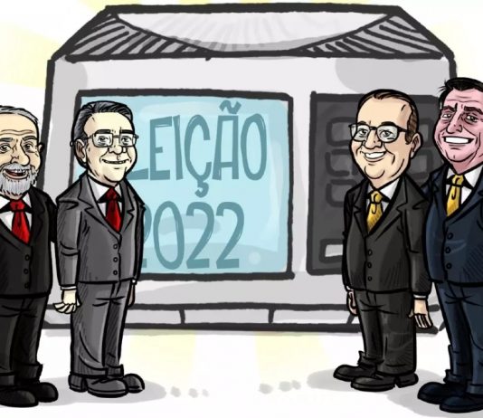 Charge com candidatos a presidente e governador de Santa Catarina no segundo turno das eleições, da esquerda para direita, Lula, Décio Lima, Jorginho Mello e Jair Bolsonaro. Ao fundo está uma urna eletrôncia.