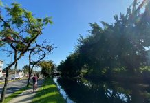 rio do centro de joinville, ciclista na calçada, céu azul para ilustrar o tempo em joinville