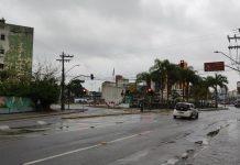 centro de Joinville. Rua com um carro branco parado no semáforo, está chovendo. Tempo em joinville