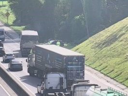 Carro colide com caminhão e sai de pista na BR-101, em Joinville