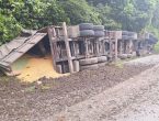 VÍDEO - Caminhão sem freios tomba na Serra Dona Francisca e drone flagra acidente