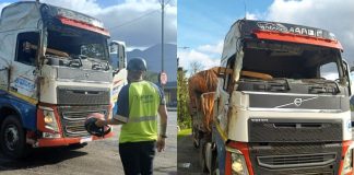 Caminhoneiro usando capacete é flagrado dirigindo carreta sem para brisa na BR-101, em Joinville