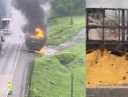 VÍDEO – Carreta carregada de grãos de milho pega fogo na BR-376, em Garuva