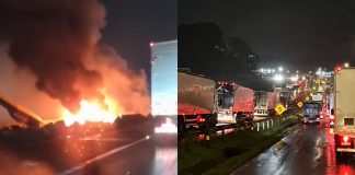 VÍDEO – BR-101 em Joinville é bloqueada após caminhão que carregava botijões de gás pegar fogo
