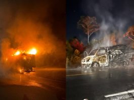 Caminhão carregado com sorvete é destruído por fogo em Garuva
